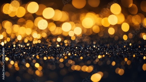 A shimmering background of golden bokeh lights reflecting off a dark surface, creating a festive ambiance