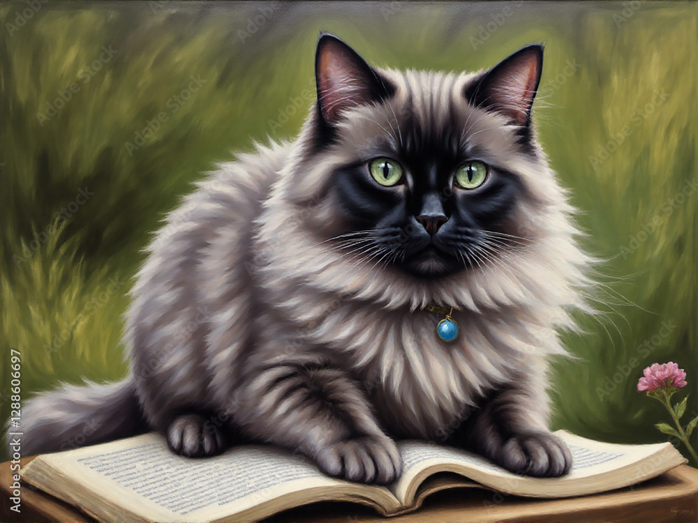 A majestic fluffy cat sitting atop an open book, surrounded by a soft, green background. The cat has striking green eyes and a blue pendant, exuding an air of curiosity and intelligence. A majestic fluffy cat sitting atop an open book, surrounded by a soft, green background. The cat has striking green eyes and a blue pendant, exuding an air of curiosity and intelligence.