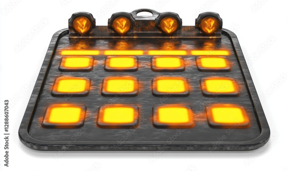 A futuristic control panel with glowing orange buttons, set against a minimalist background