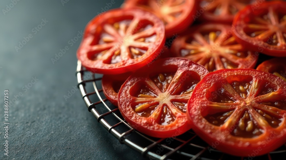 Sliced Tomatoes Arranged on a Cooling Rack, Ready for Drying or Other Culinary Use Sliced Tomatoes Arranged on a Cooling Rack, Ready for Drying or Other Culinary Use