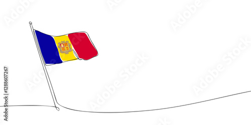 Simple one-line illustration of the Andorran flag on a flagpole. The tricolor design represents the national identity and heritage of Andorra.