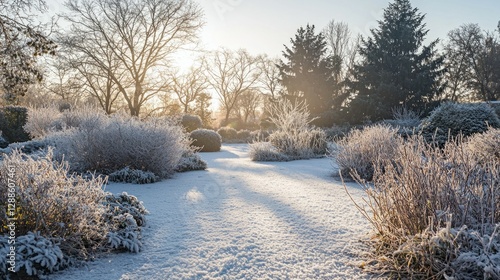 Serene Frozen Landscape with Frosty Bushes and Gentle Sunlight