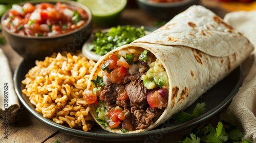 Delicious Beef Burrito with Salsa, Rice, and Fresh Ingredients
