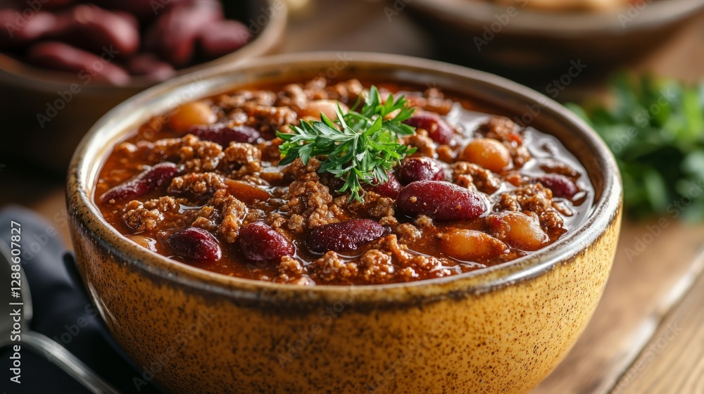 Rich and Hearty Chili in a Rustic Bowl with Fresh Herbs Rich and Hearty Chili in a Rustic Bowl with Fresh Herbs