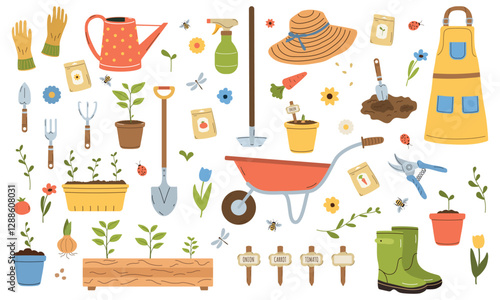 Gardening equipment set. Farm or planting tools. Flat cartoon vector collection of illustrations. Agriculture equipment for scrapbooking, stickers.