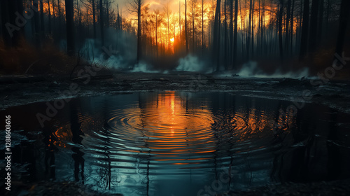 A quiet pond in the middle of a burnt forest, with ripples spreading out as wildlife cautiously returns