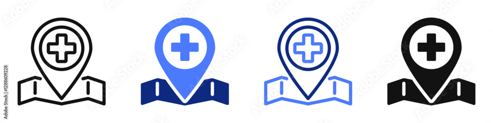 Vector icon or logo of location marker with medical sign related to medicine and healthcare, first aid and pharmacy, ambulance. Symbol for website or app ui, logo design, illustration Vector icon or logo of location marker with medical sign related to medicine and healthcare, first aid and pharmacy, ambulance. Symbol for website or app ui, logo design, illustration