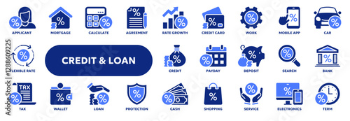 Set of vector solid icons related to loan, bank credit rate, finance and investment. Symbols for website or app ui, logo design, illustration