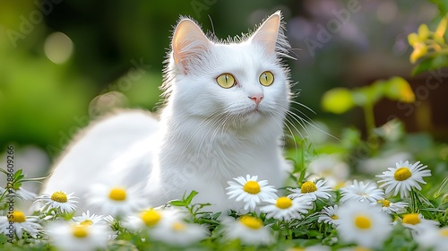 White cat resting amidst daisies in a garden setting