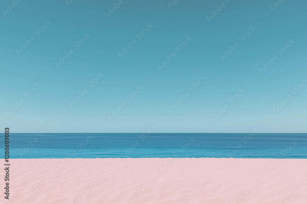 Fototapeta premium Serene Coastal Panorama: Tranquil view of a serene beach with clear blue sky and calm sea water, evokes a sense of peace and relaxation.
