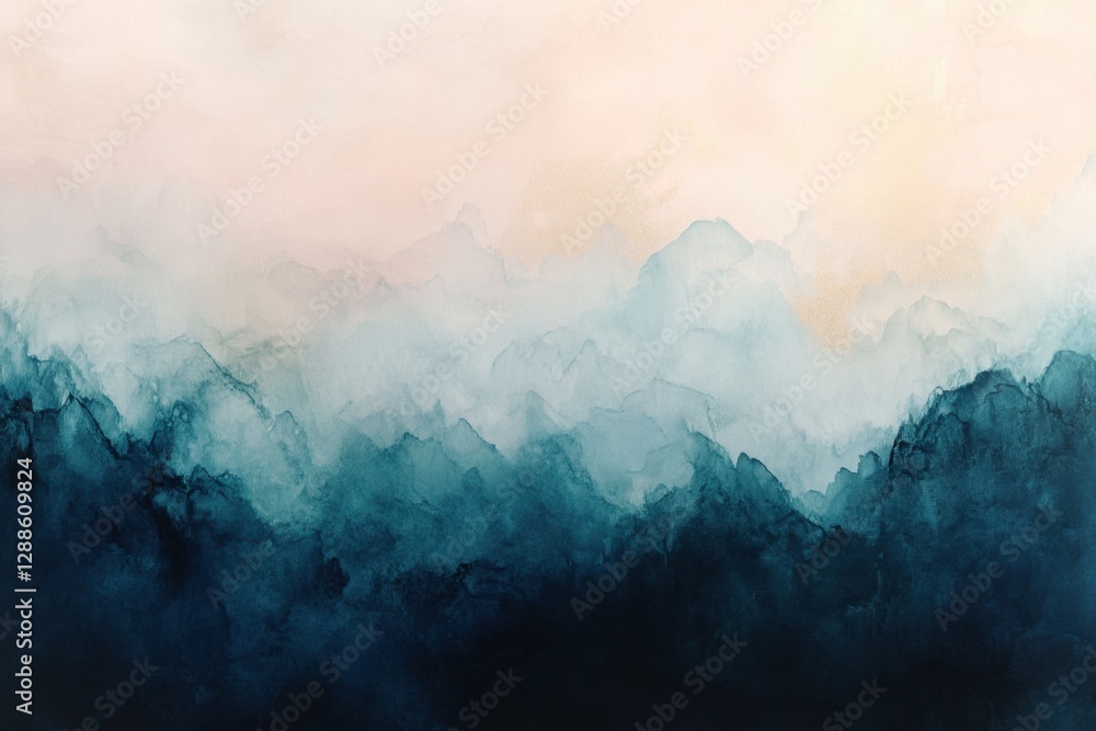 Serene watercolor mountain range. The gradient of blues captures the atmospheric perspective, creating a tranquil and peaceful landscape. Serene watercolor mountain range. The gradient of blues captures the atmospheric perspective, creating a tranquil and peaceful landscape.
