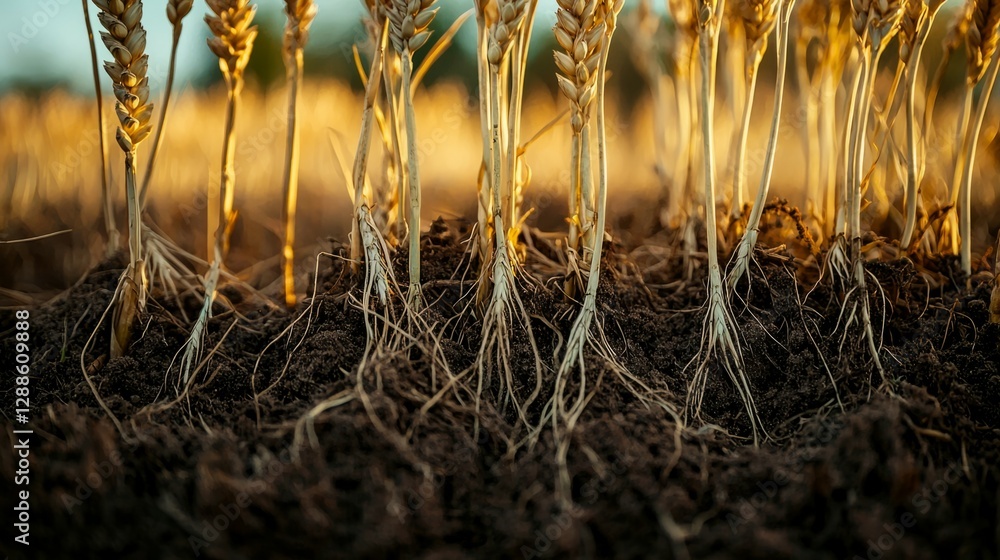 Fototapeta premium Close-Up View of Wheat Stalks and Roots in Healthy Soil Environment