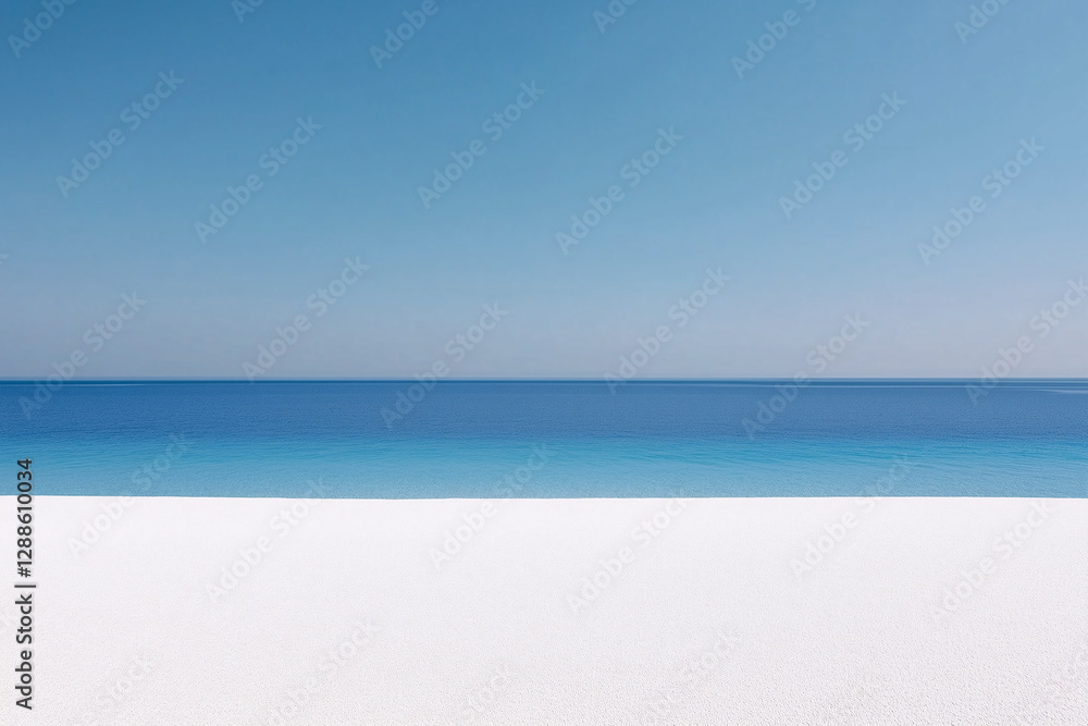 Fototapeta premium Endless Horizon: A pristine beach meets the clear ocean under a vast, cloudless sky, offering a serene and minimalist composition, capturing the essence of a perfect day by the sea.