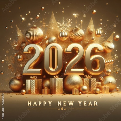 Festive ornaments and shimmering gifts surround the bold 2026, radiating warmth and joy as people prepare to embrace the new year with hope and happiness