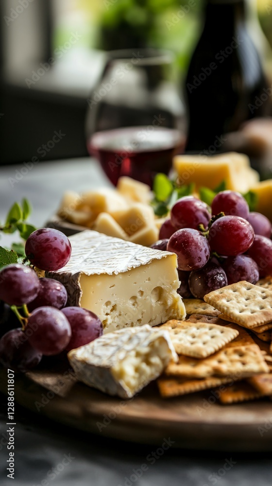 Assorted Cheese and Crackers with Grapes and Red Wine on Table Assorted Cheese and Crackers with Grapes and Red Wine on Table