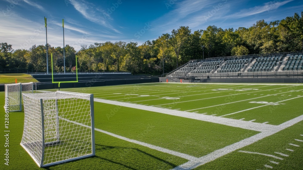 Fototapeta premium American Football Field with Soccer Goals and Bleachers