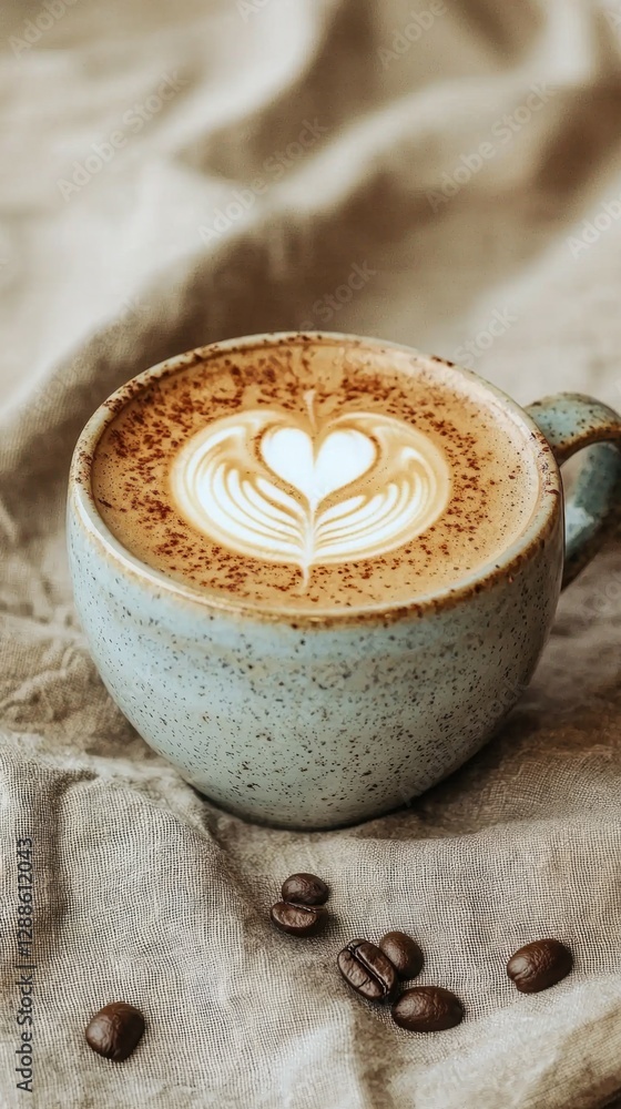 Delightful Coffee Cup with Heart Latte Art on Soft Linen Background Delightful Coffee Cup with Heart Latte Art on Soft Linen Background