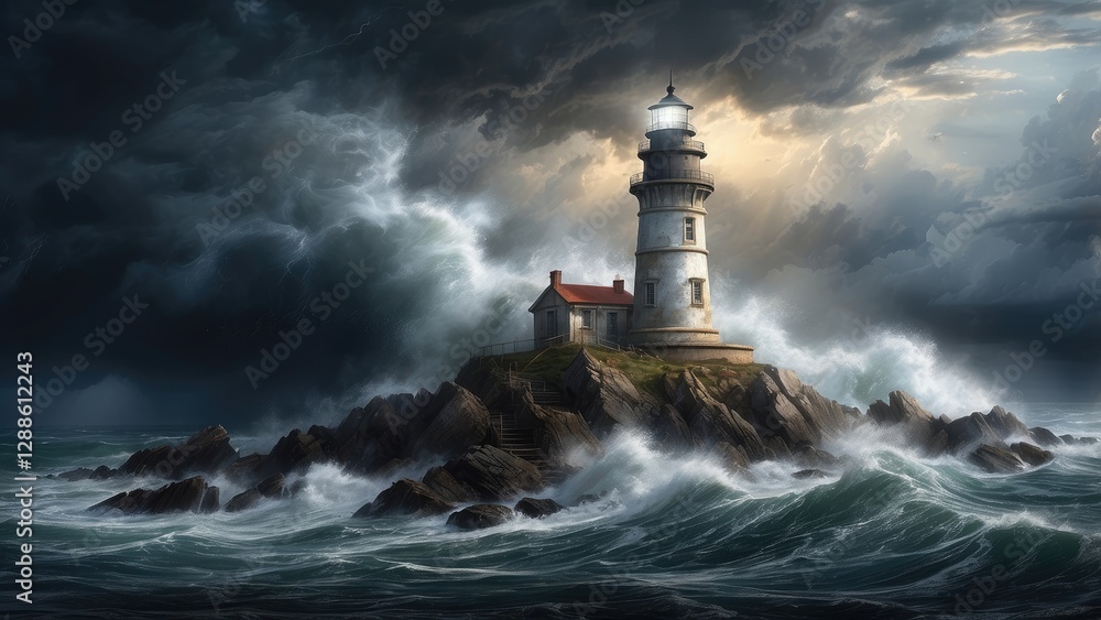 A towering wave crashes against a solitary A towering wave crashes against a solitary