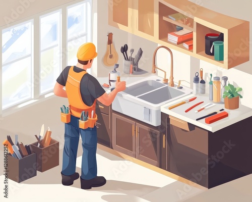 Obraz na płótnie Home renovation action plumber fixing kitchen sink residential space illustration bright environment close-up view w salonie