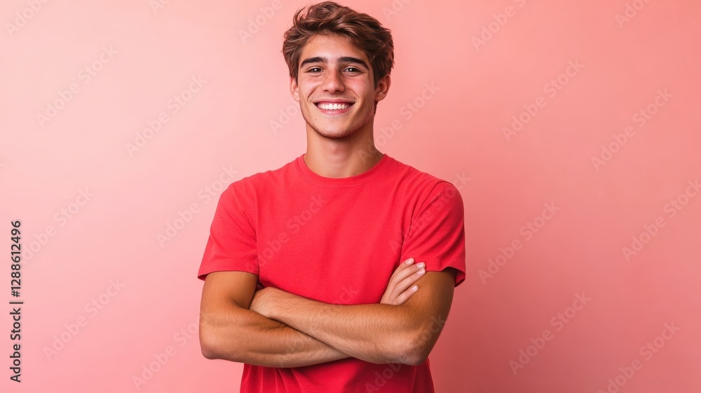 Smiling young man posing studio portrait photography warm colors eye-level confidence and positivity