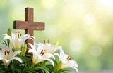 Wooden cross, easter lilies on green blurred background. Christian holiday floral composition with religious symbol of faith, hope, love. Springtime celebration, resurrection of Jesus Christ.