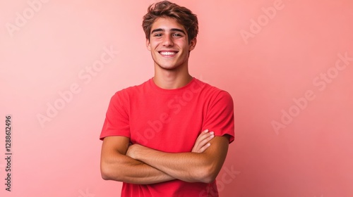 Obraz na płótnie Smiling young man posing studio portrait photography warm colors eye-level confidence and positivity w salonie