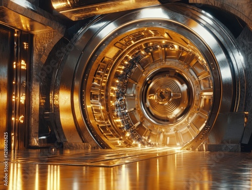 Obraz na płótnie Golden vault door opening adventure futuristic safe digital environment close-up view high-tech security concept w salonie