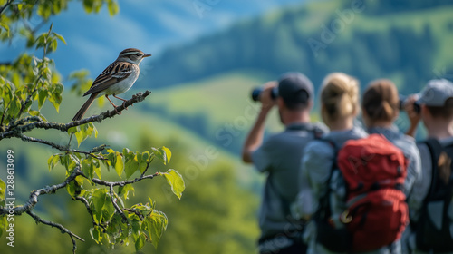 A photo of a birdwatching tour group standing silently with binoculars, observing a rare bird perched on a tree branch with a background of rolling green hills at Bohinj Wildflower Festival