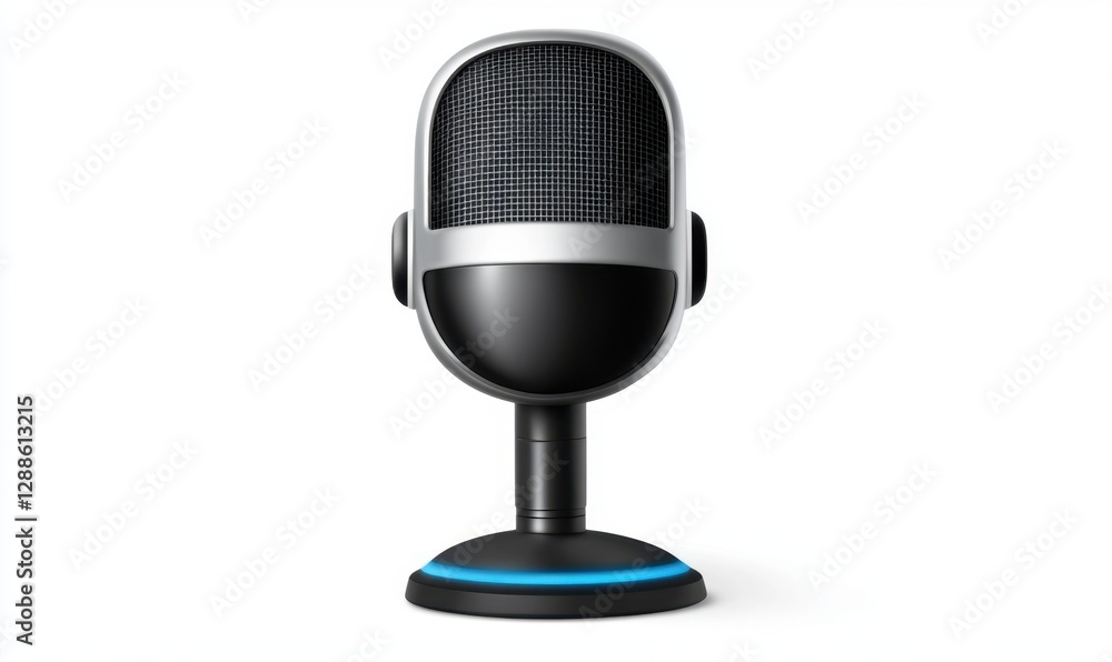 A sleek black microphone on a white background, symbolizing audio recording and broadcasting A sleek black microphone on a white background, symbolizing audio recording and broadcasting