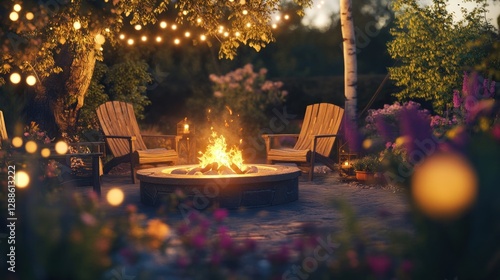 Romantic garden fire pit, evening ambiance, floral setting, relaxation