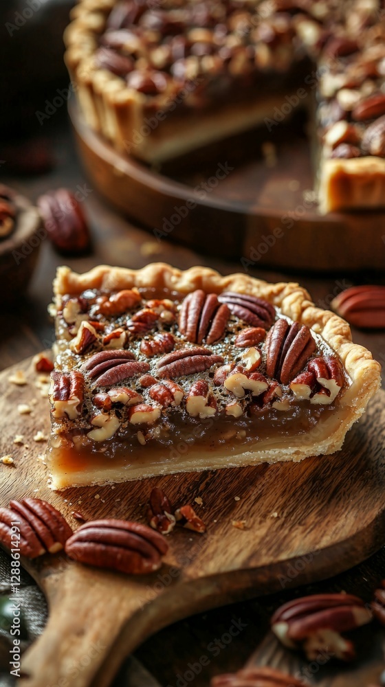 Delicious Pecan Pie Slice on Wooden Board with Nuts in Background Delicious Pecan Pie Slice on Wooden Board with Nuts in Background