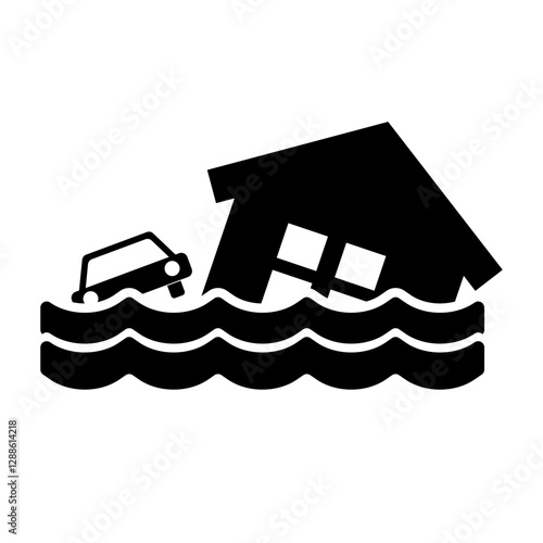 Flooded car and house silhouette. Vector.