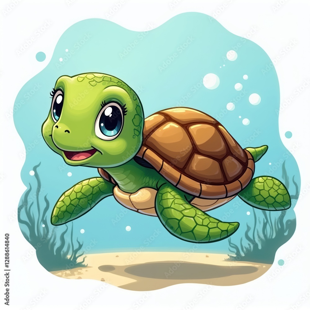 Fototapeta premium Cartoon cute turtle swims in ocean. Caricature happy animal marine reptile with brown shell smiling. Funny green turtle swims underwater wildlife with big eyes. Sea turtle swims near algae.