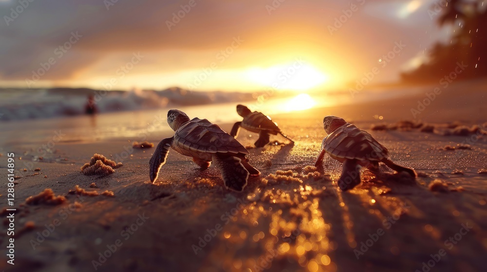 Four baby sea turtles crawl on the sand towards the ocean at sunrise. Four baby sea turtles crawl on the sand towards the ocean at sunrise.