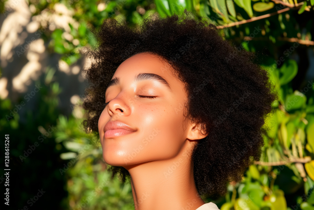 Young woman with closed eyes enjoying the warm sunlight on her face. Her radiant skin and peaceful expression reflect relaxation, self-care, and a connection with nature Young woman with closed eyes enjoying the warm sunlight on her face. Her radiant skin and peaceful expression reflect relaxation, self-care, and a connection with nature