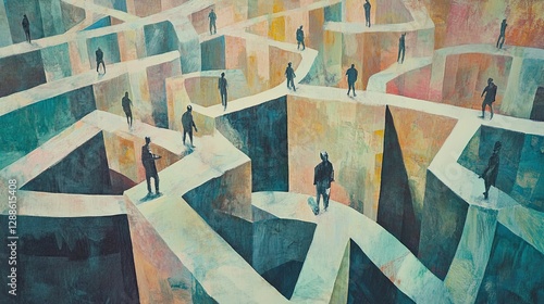 Figures navigate complex, abstract maze.