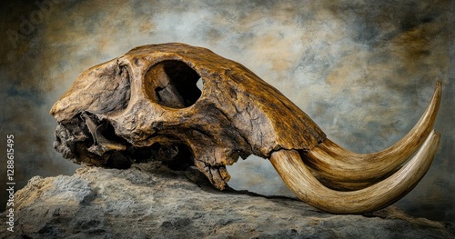 Mastodon skull fossil resting on rock, textured background, museum exhibit