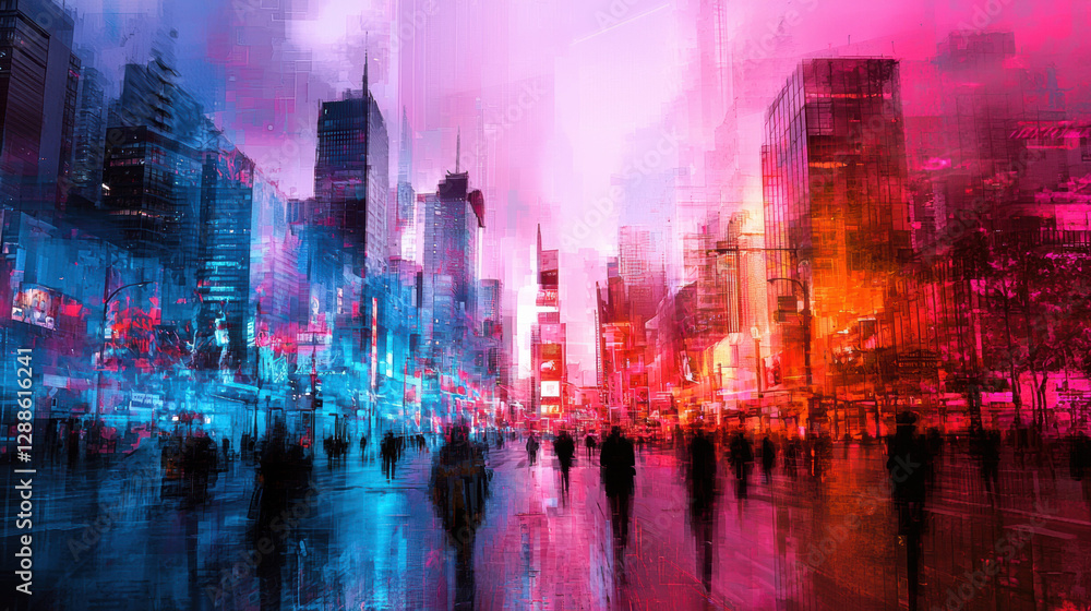 Vibrant cityscape with abstract colors and silhouettes of people walking Vibrant cityscape with abstract colors and silhouettes of people walking