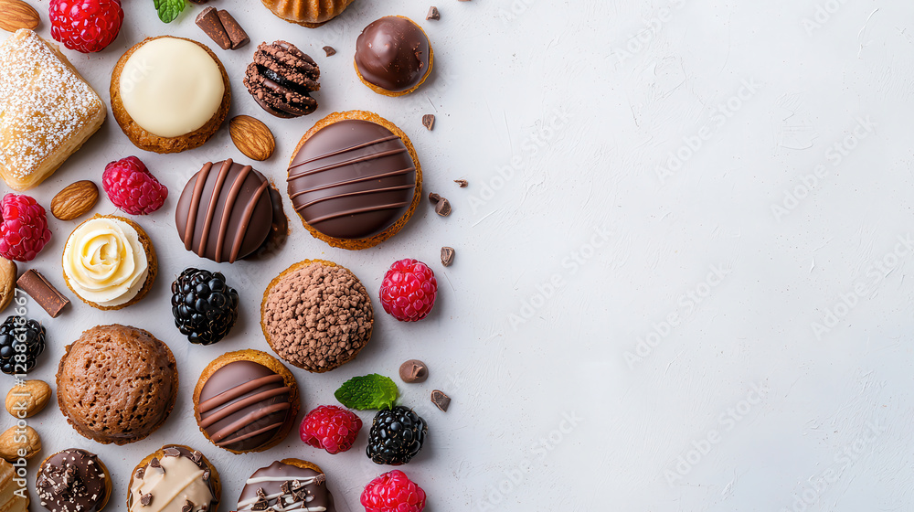 exquisite selection of desserts including chocolate tarts, macarons, and berries on white marble background, creating delightful and elegant presentation exquisite selection of desserts including chocolate tarts, macarons, and berries on white marble background, creating delightful and elegant presentation