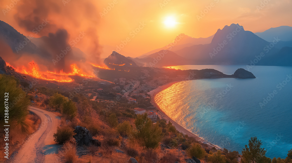 a winding road along the sea and a town on the hills covered in flames on a bright sunny day a winding road along the sea and a town on the hills covered in flames on a bright sunny day