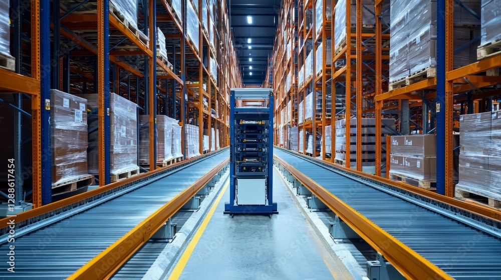 Fototapeta premium Automated Warehouse with Conveyors and Pallet Racks for Storage