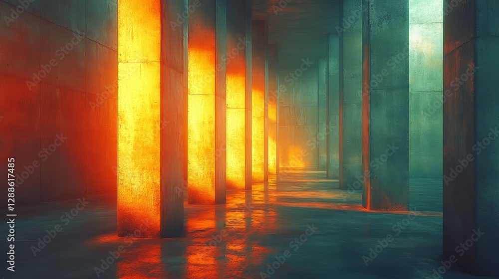 Concrete pillars illuminated by warm orange sunlight in an industrial interior, symmetrical layout. Architectural and futuristic design concept Concrete pillars illuminated by warm orange sunlight in an industrial interior, symmetrical layout. Architectural and futuristic design concept