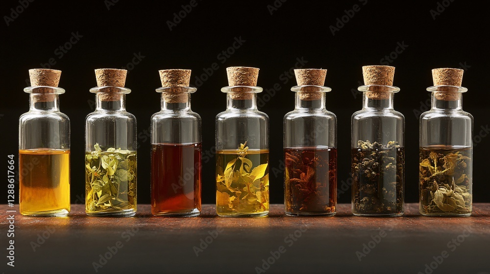 Array of Tiny Glass Bottles Containing Various Herbal Essences Array of Tiny Glass Bottles Containing Various Herbal Essences
