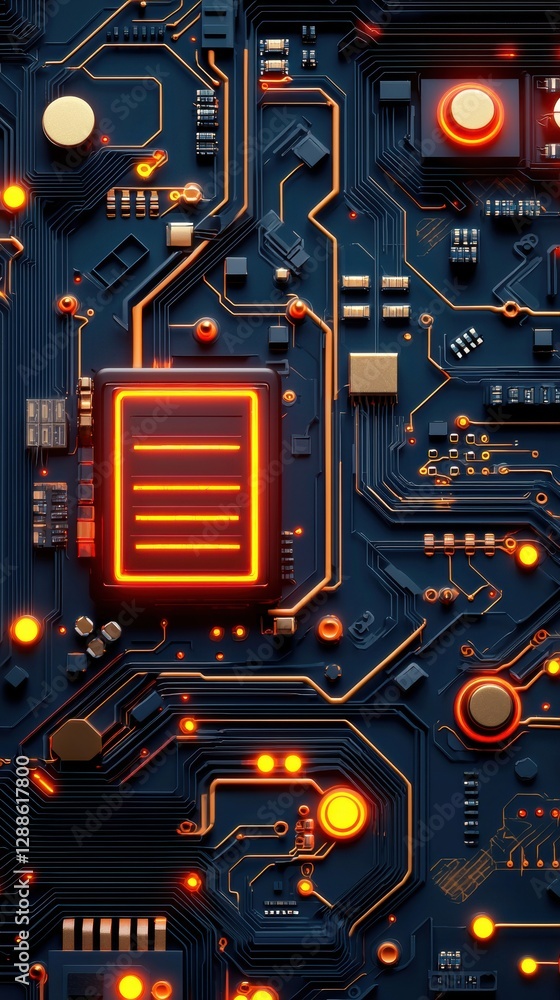 Fototapeta premium Law restriction, oversight concept. Circuit board illustration showcasing glowing red and gold elements, symbolizing advanced technology and oversight