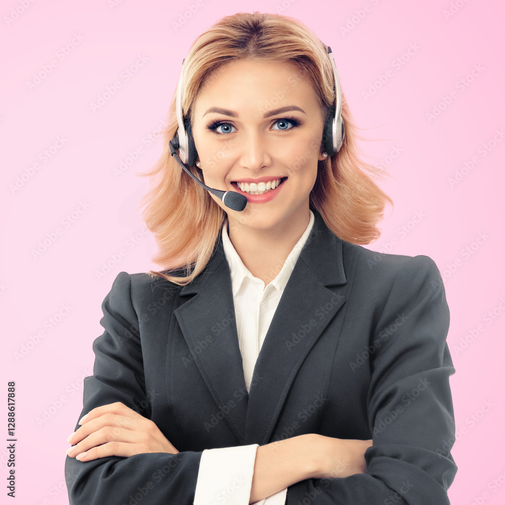 Image - representative call center. Businesswoman support phone operator in headset, isolate rose pink background. Customer service help consulting concept. Sale agent. Video conference. Squar Image - representative call center. Businesswoman support phone operator in headset, isolate rose pink background. Customer service help consulting concept. Sale agent. Video conference. Squar