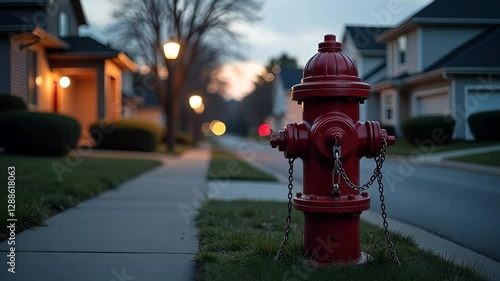 A red fire hydrant with a chain on it. It is on the sidewalk. There are houses in the background