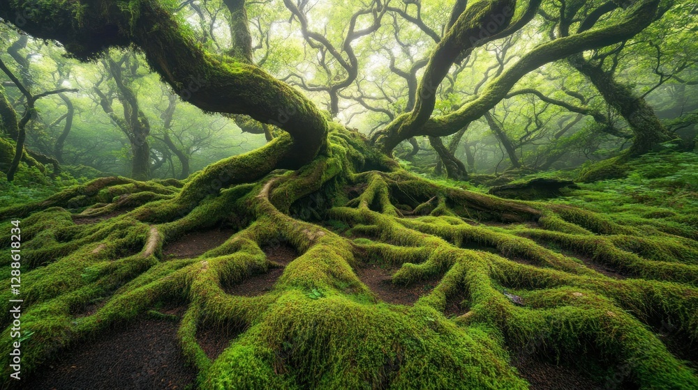 Obraz premium Mossy ancient tree roots, mystical forest, foggy background, fantasy