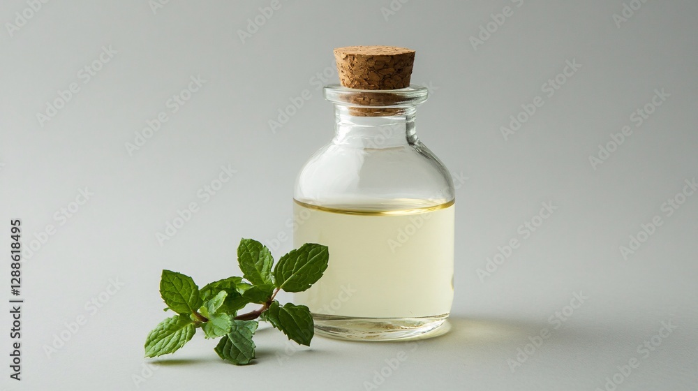 Peppermint Essence in a Glass Bottle Adorned with Fresh Mint Leaves Peppermint Essence in a Glass Bottle Adorned with Fresh Mint Leaves
