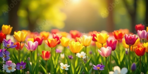 Vibrant Spring Meadow Displaying a Kaleidoscope of Colorful Tulips and Delicate Spring Blossoms Bathed in Warm Golden Sunlight