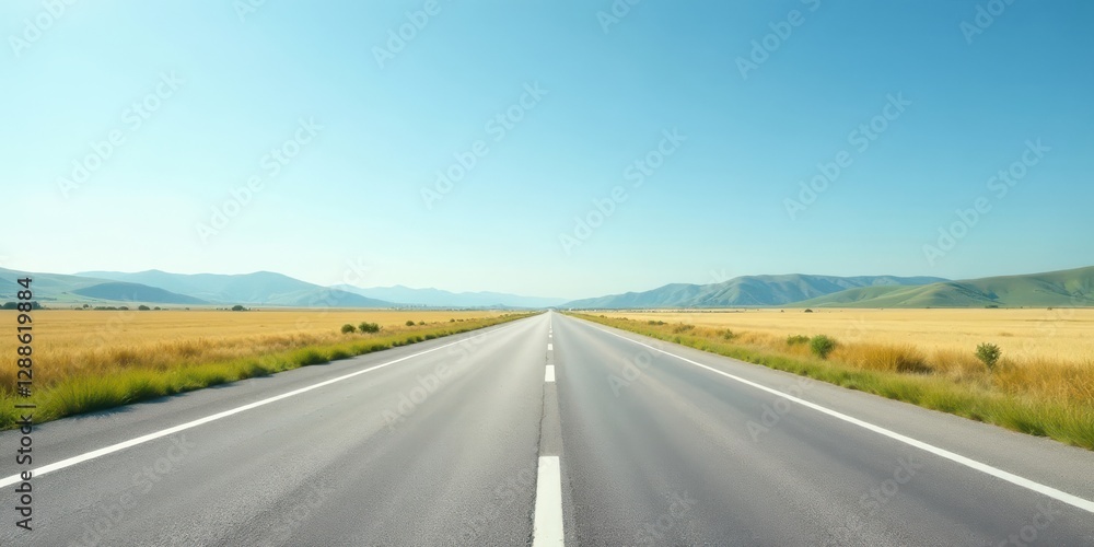 Asphalt Road Cutting Through Golden Fields Under a Clear Sky, Leading to Distant Mountains Asphalt Road Cutting Through Golden Fields Under a Clear Sky, Leading to Distant Mountains